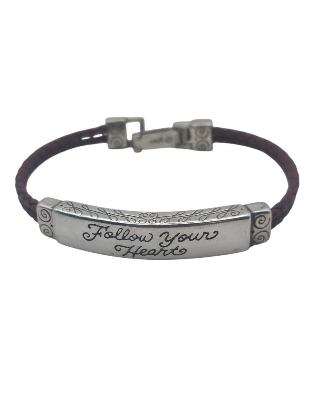 Brighton ID Bracelet Silver Plated Follow Your Heart Bar Brown Leather Cord